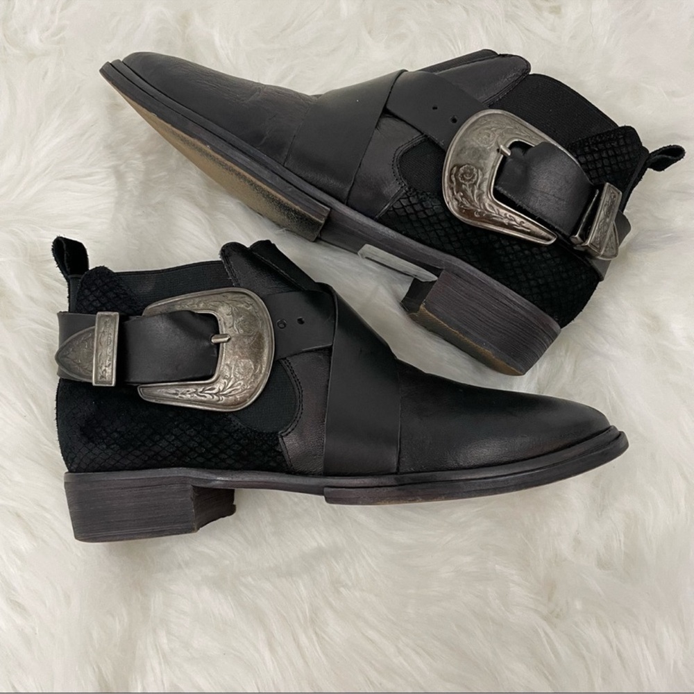 Free People Black Ankle Boots with Silver Buckle